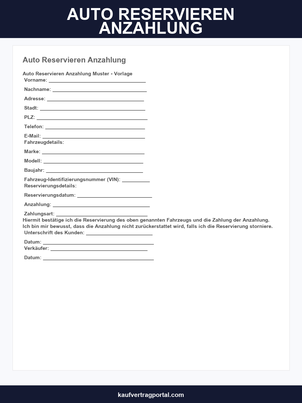 Auto Reservieren Anzahlung Muster