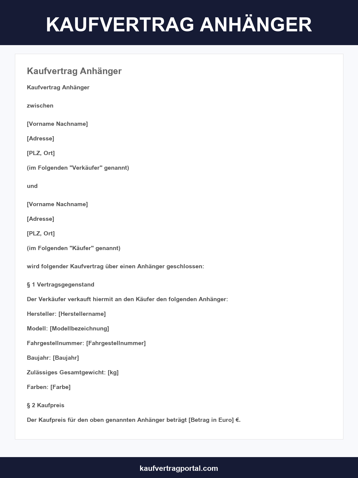 Kaufvertrag Anhänger Vorlage