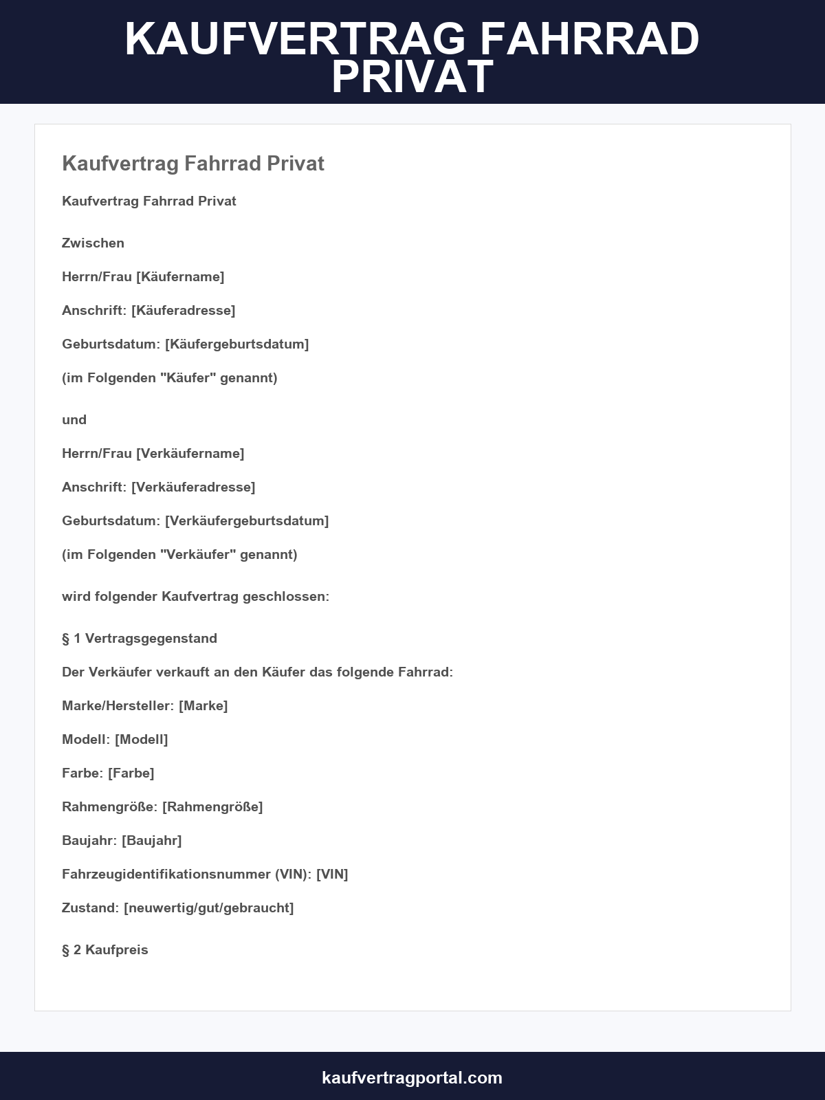 Kaufvertrag Fahrrad Privat Vorlage