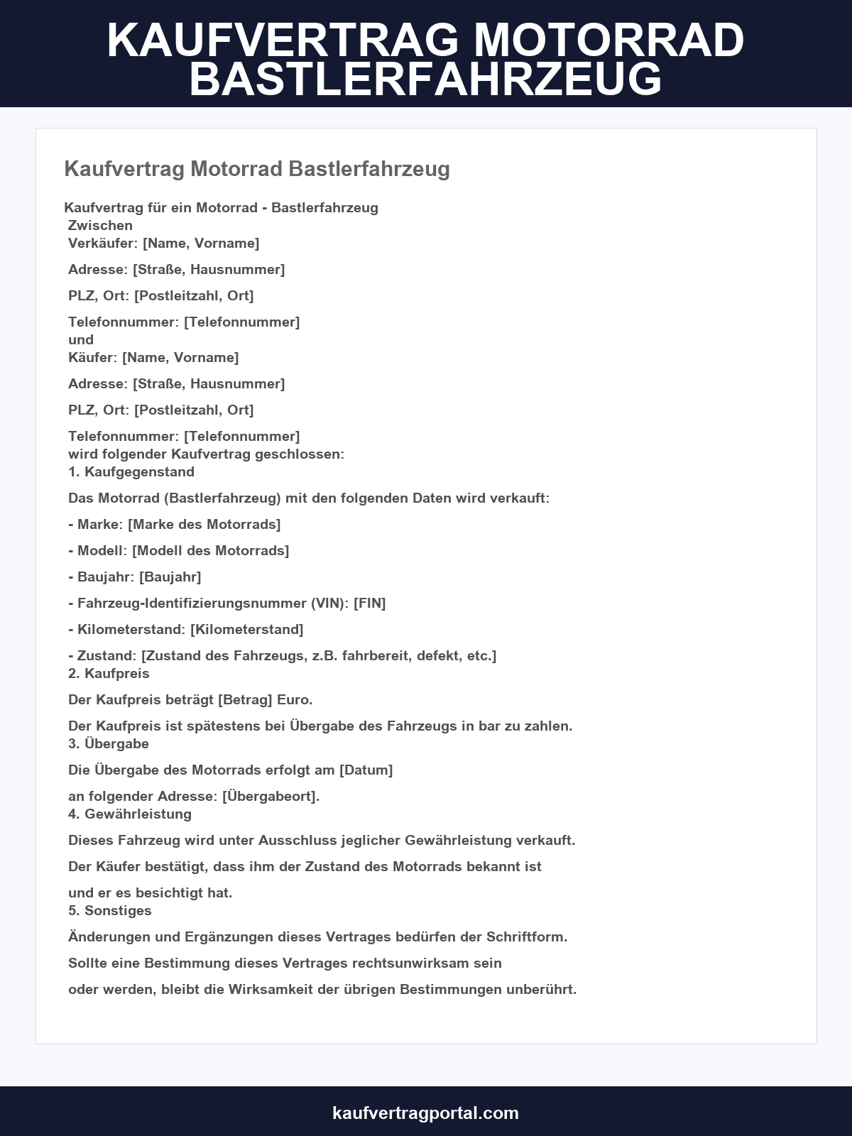 Kaufvertrag Motorrad Bastlerfahrzeug