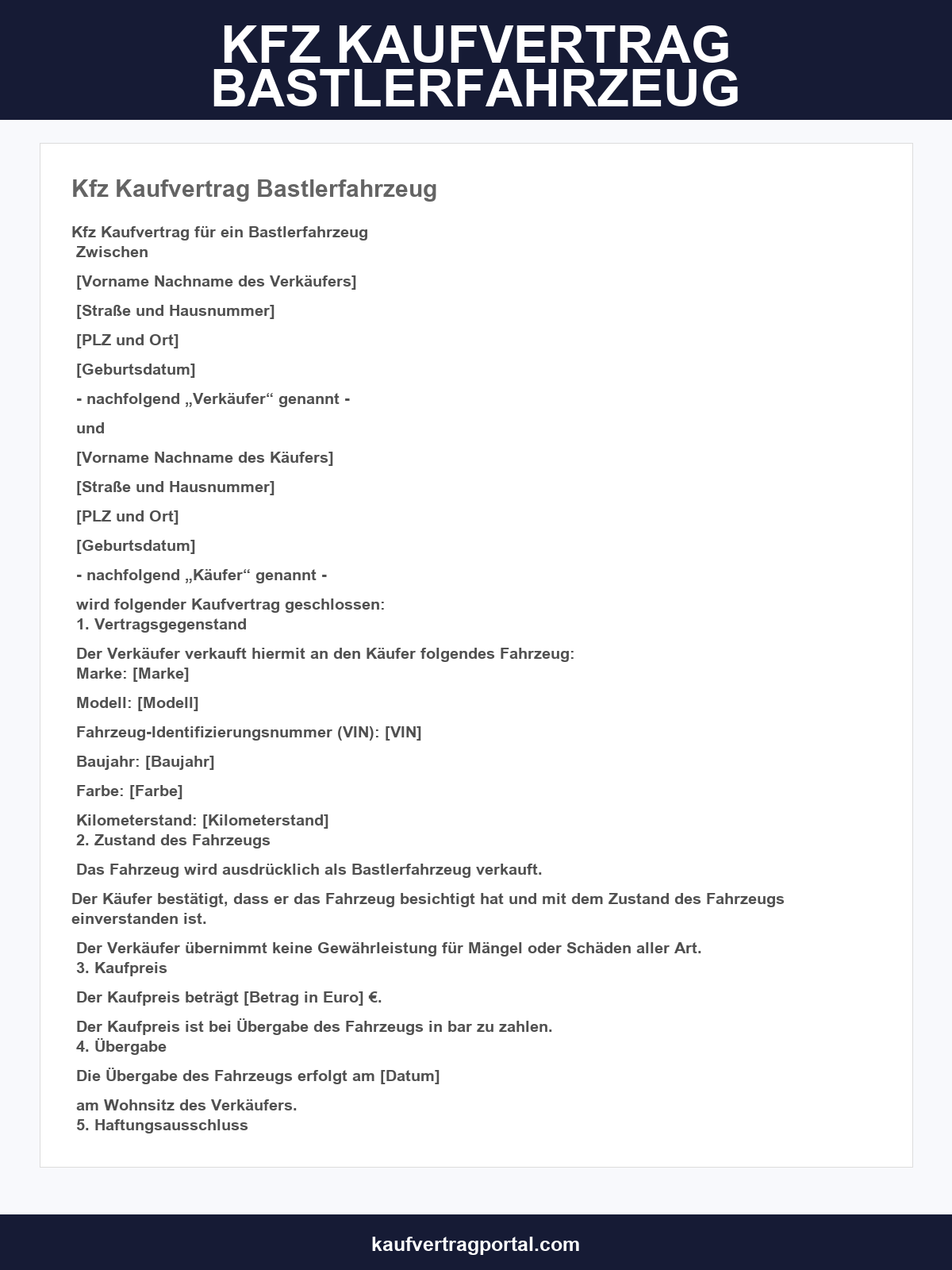 Kfz-Kaufvertrag Bastlerfahrzeug